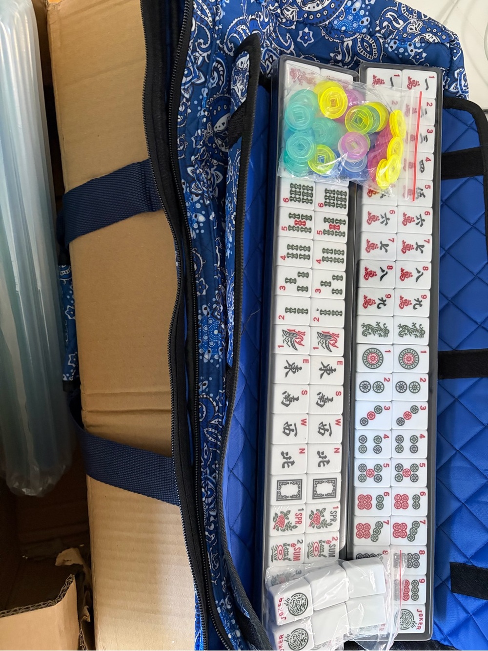 Blue Quilted Mahjong Set Storage Case with Game Tiles and Accessories